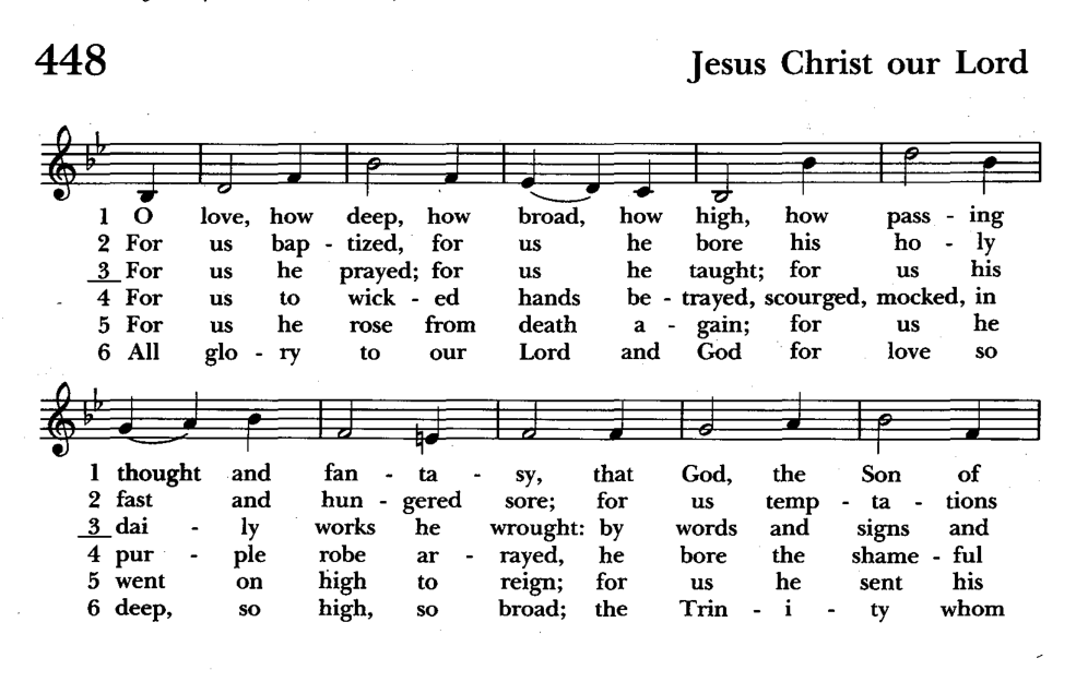 Hymn 448, first two systems; sing verses 1–3 and 6