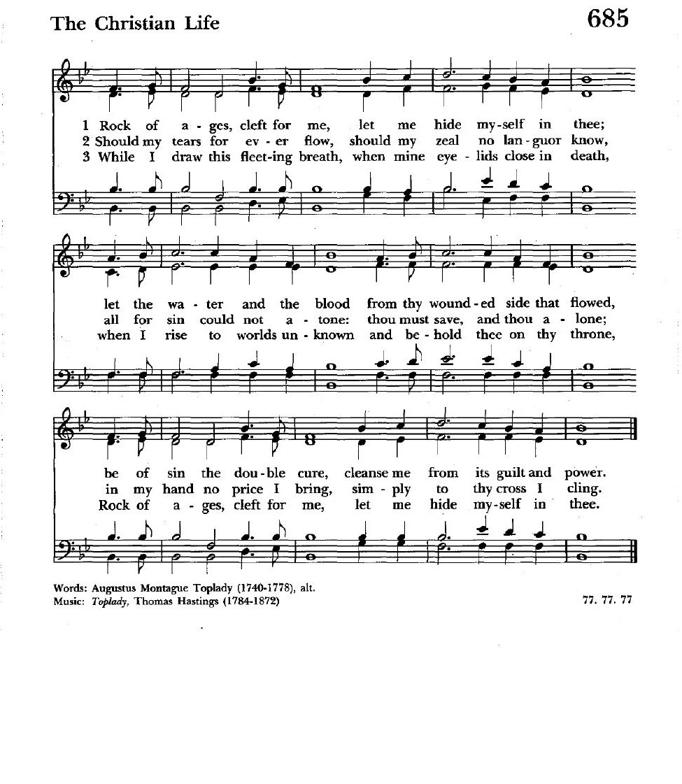Hymn 685, Rock of Ages, musical notation and text