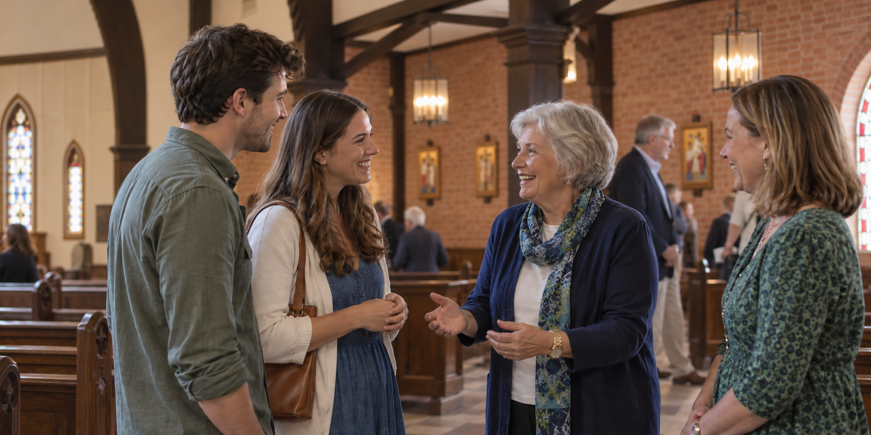 Parishioners welcoming a young couple inside St. Peter's