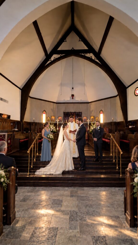 Illustration of an intimate wedding at St. Peter’s, with a bride, groom, priest, and attendants at the altar.