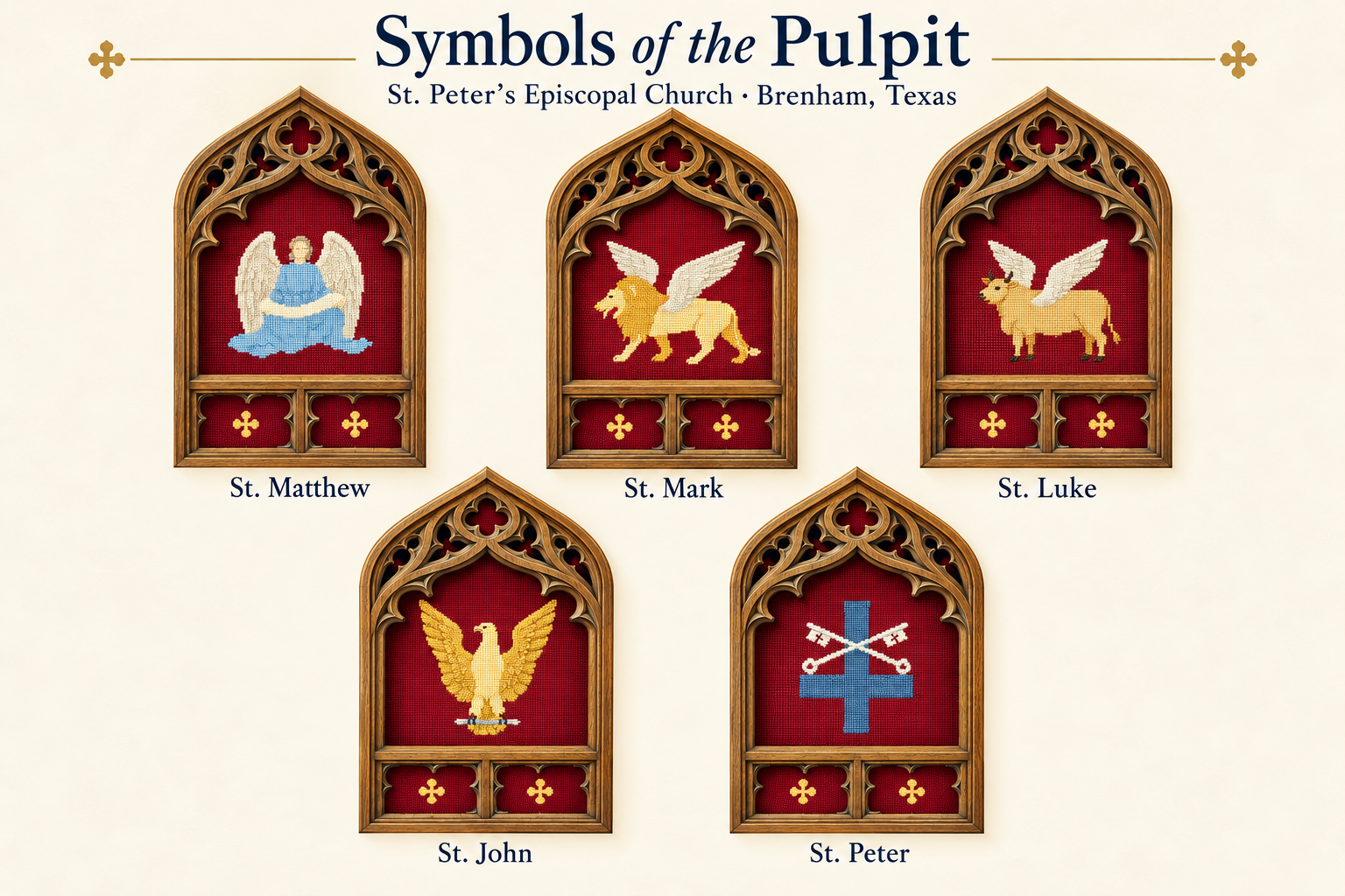 Symbols of the Pulpit at St. Peter’s: St. Matthew as a winged human figure, St. Mark as a winged lion, St. Luke as a winged ox, St. John as an eagle, and St. Peter’s inverted cross and crossed keys.